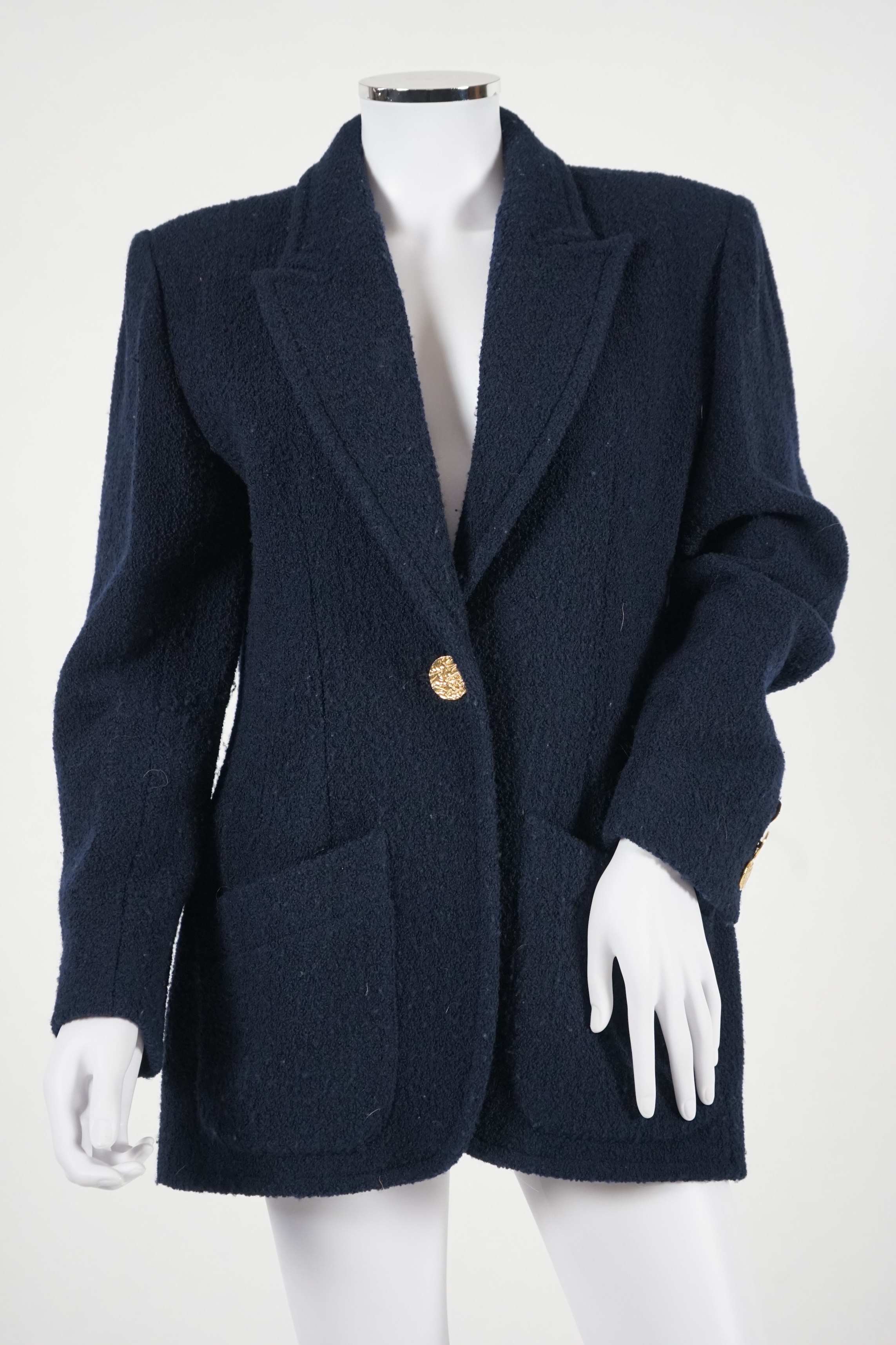 A vintage Yves Saint Laurent variation lady's navy blue wool textured blazer, F 40 (UK 12). Proceeds to Happy Paws Puppy Rescue